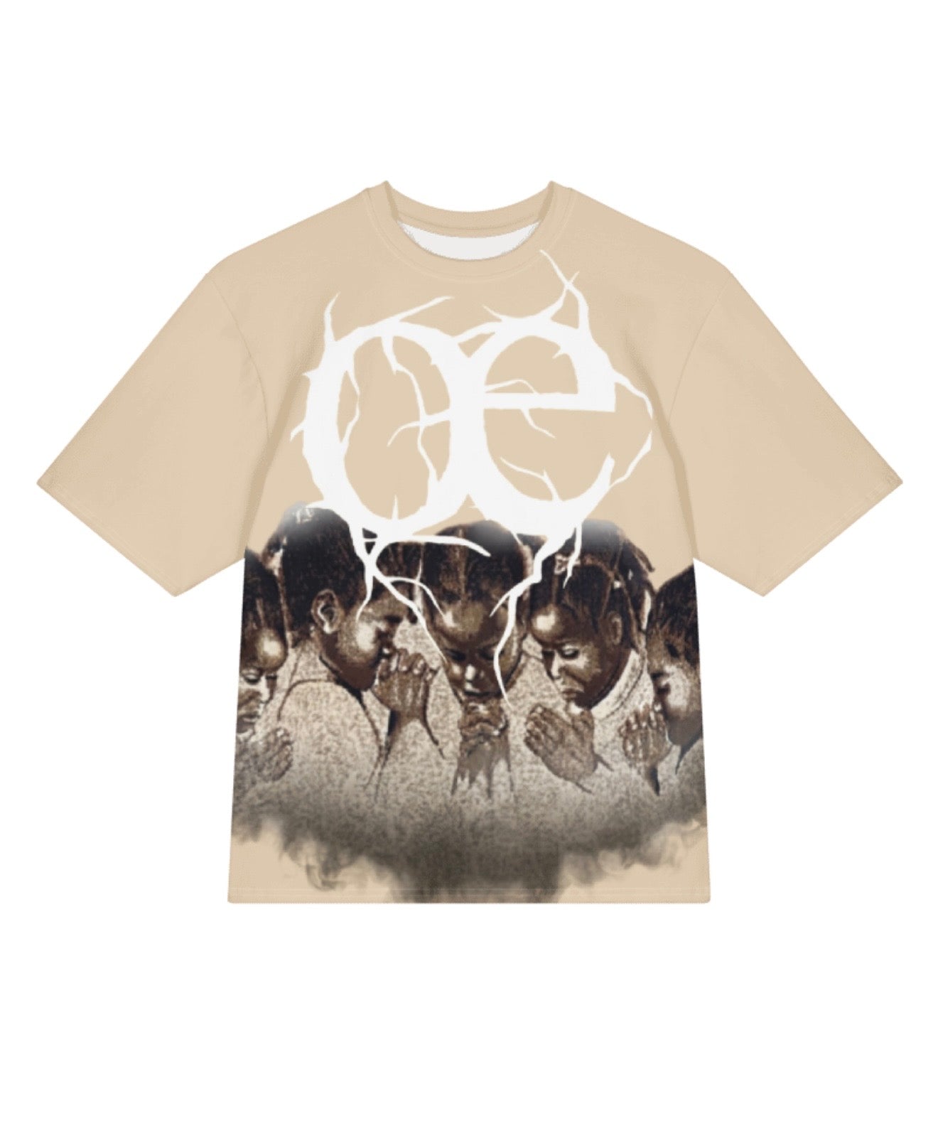 Tan "OE" oversized graphic t-shirt